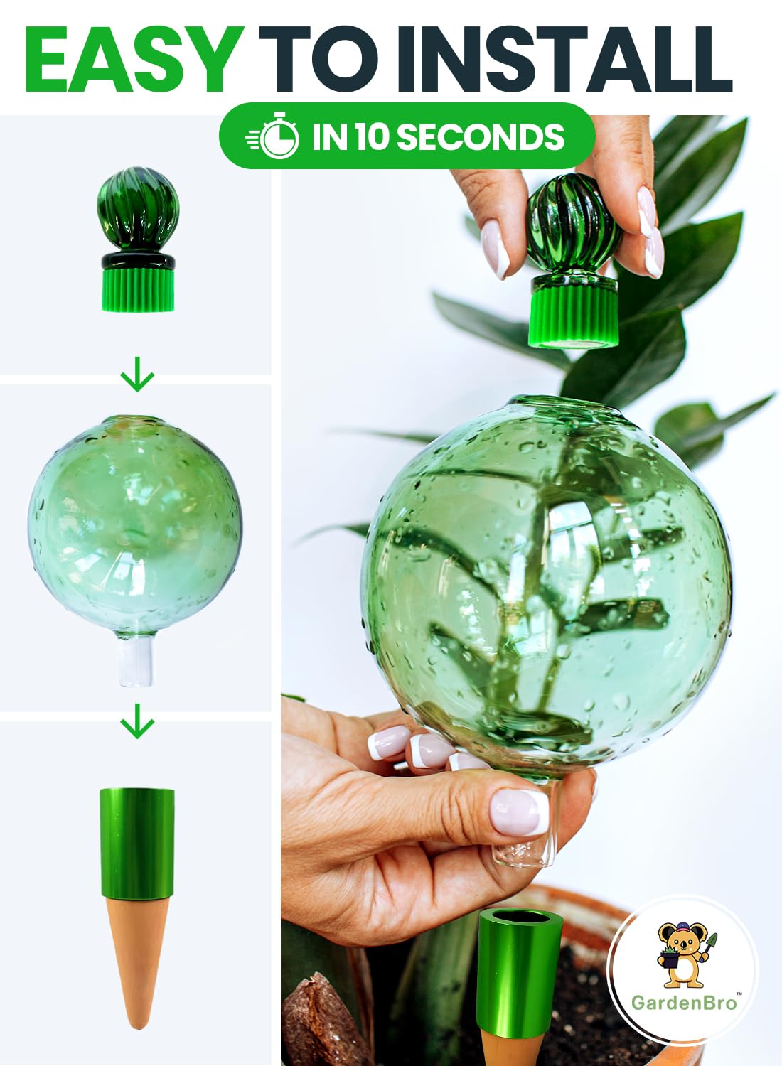 16 Oz Plant Watering Globes for Indoor Plants with Terracotta Self Watering Planter Insert - Hand-Blown XL Glass Globes - Automatic Indoor Planter Waterer, Gift Idea for Gardeners [1, Emerald]