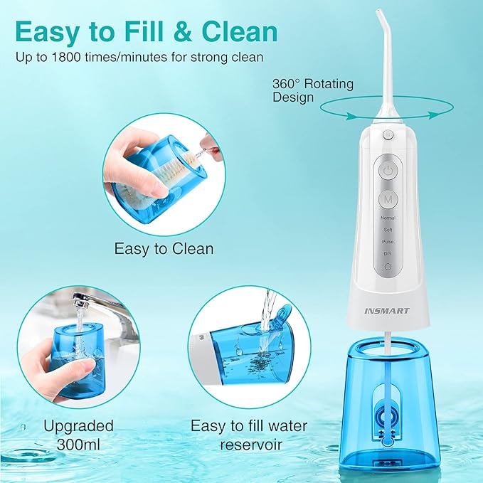 Cordless Water Dental Flosser Teeth Cleaner, INSMART Professional 300ML Tank DIY Mode USB Rechargeable Dental Oral Irrigator for Home and Travel, IPX7 Waterproof 4 Modes Irrigate for Oral Care