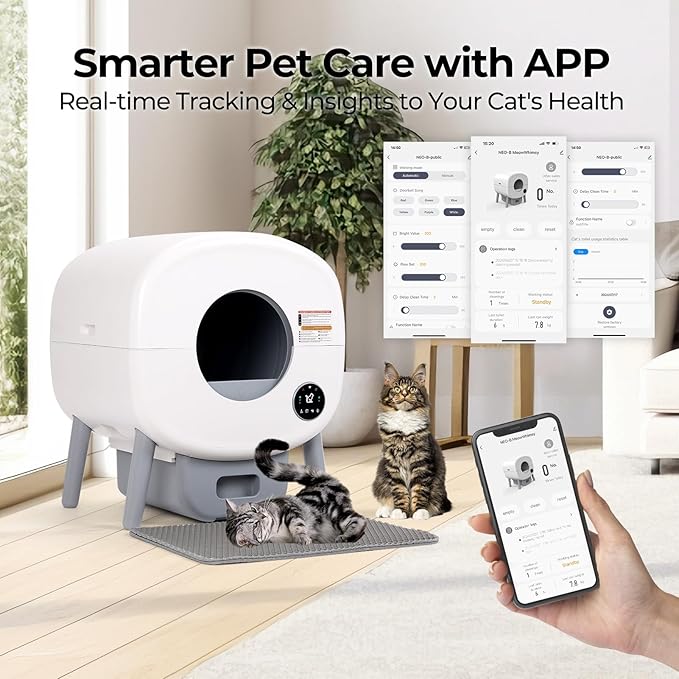 Fsitego Self Cleaning Cat Litter Box: 76L Extra Large Automatic Litter Box for Multiple Cats, Odor-Free, Smart App Control, Ambient Light Waste Disposal