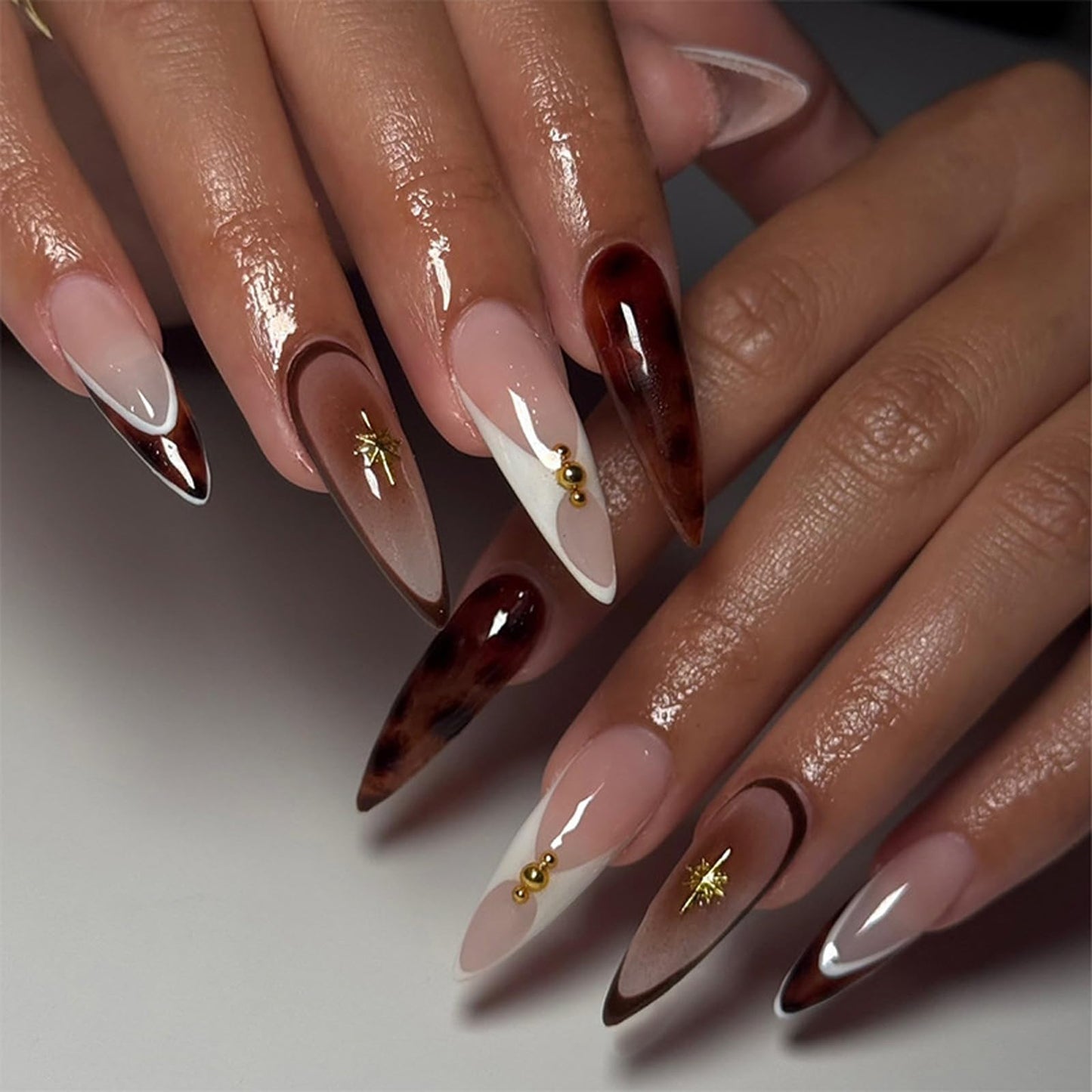 IMRAIN Press on Nails Long Stiletto Fake Nails Brown Amber French Nail Tips Full Cover Glossy Acrylic Fall False Nails for Women 24Pcs
