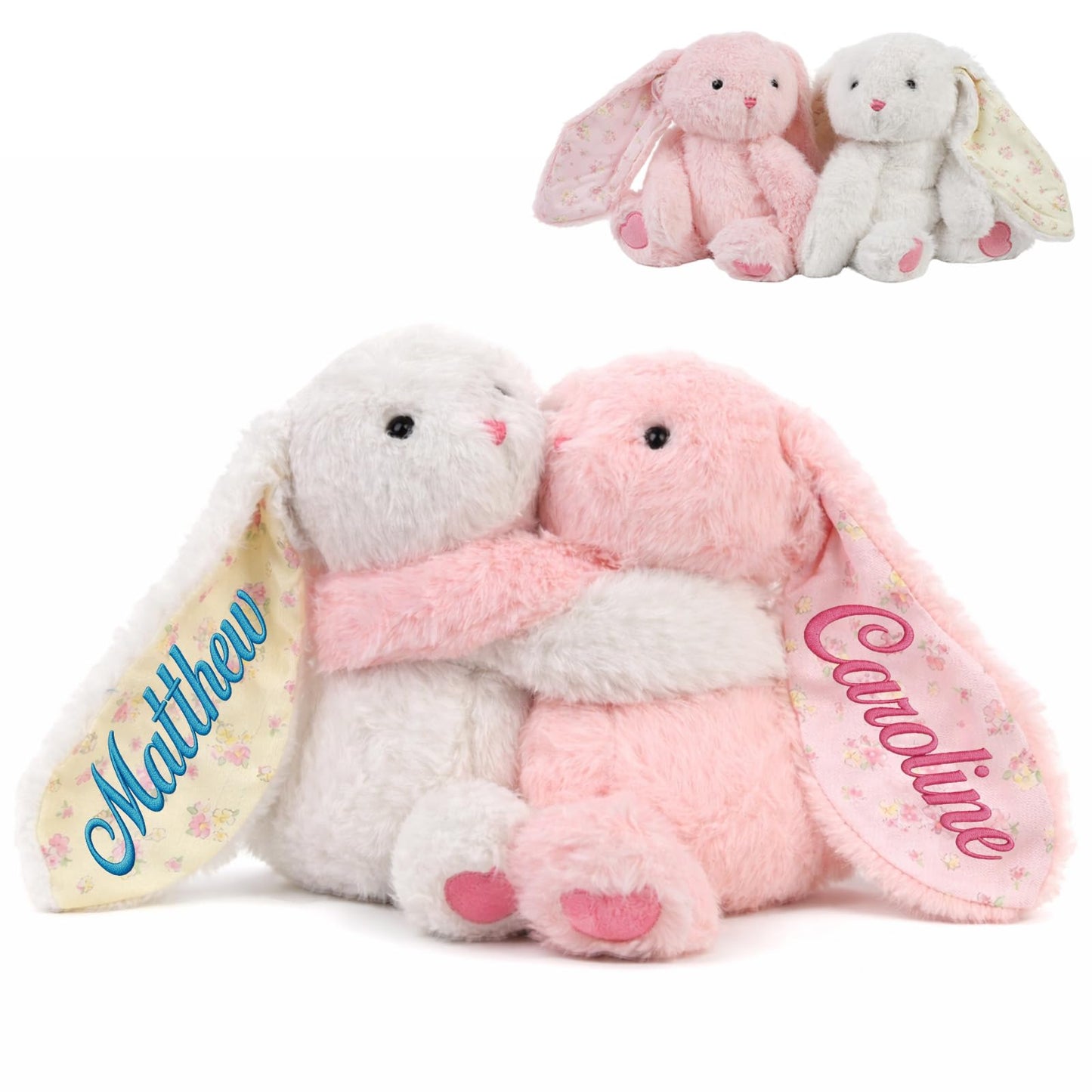 Evulum Personalized Hugging Plush Bunnies Set of 2, Valentines Day Gift for Couples, Custom Bunny Stuffed Animal with Embroidered Name/Date, Easter Gift for Kids