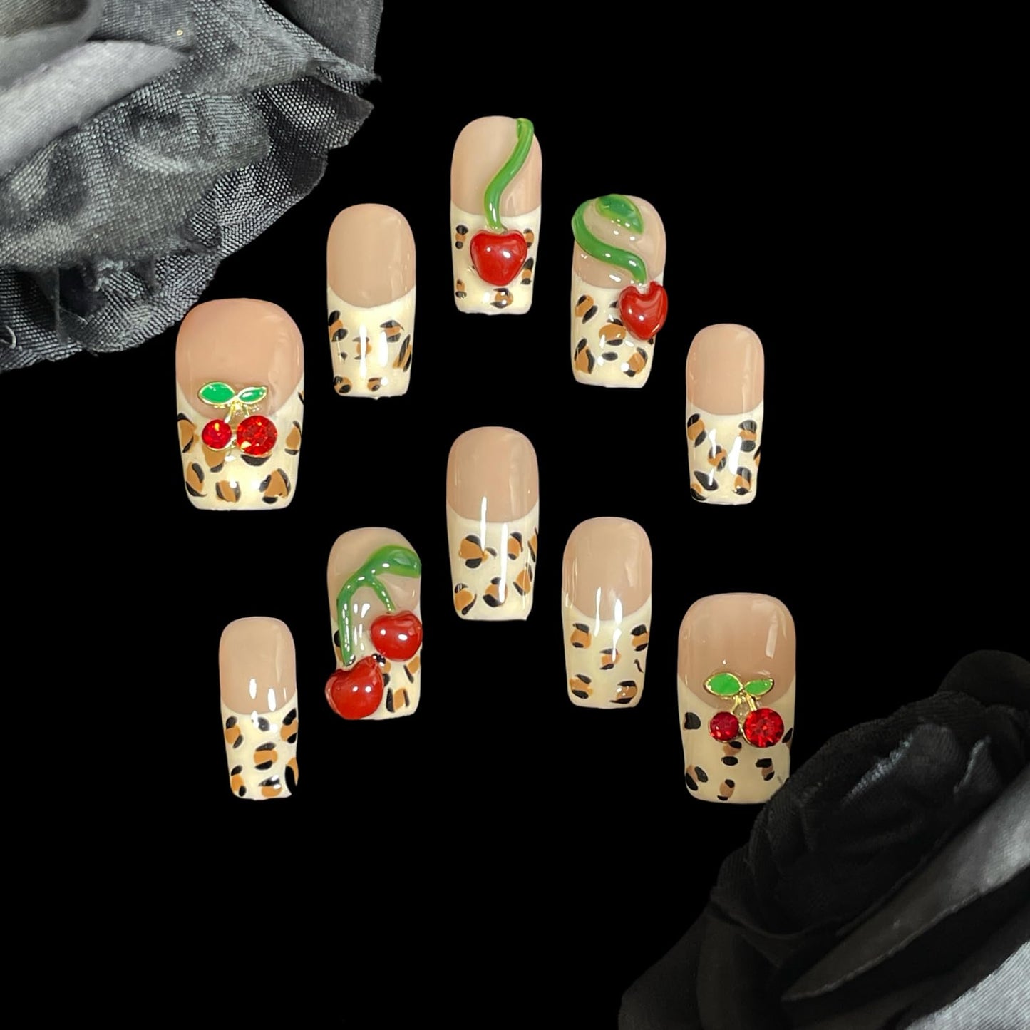 Handmade Press on Nails 3D Hand-scuplted Red Cherry Short/Medium Square False Nails | Leopard Print French Tips | Reusable Acrylic Fake Nails (Cherry Bouquet, M)