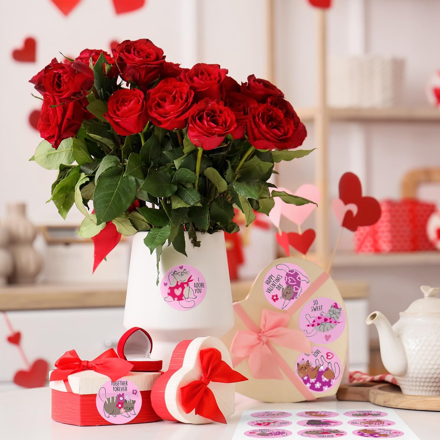 RUSPEPA 270 Pcs Valentine's Day Stickers, 1.5 Inch Round Love Labels with Cute Animals, Unicorns, Dinosaurs & Romantic Quotes, 5 Sets Adhesive Stickers for Gifts, Scrapbooking, Cards, Party Favors