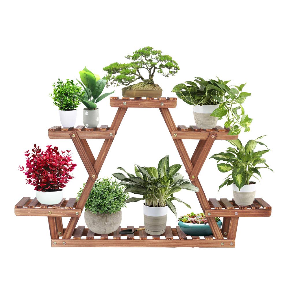 Ufine Wood Plant Stand Triangular Plant Shelf Multi Tier Flower Display Holder Storage Rack 6 Pots for Indoor Outdoor Living Room Balcony Patio