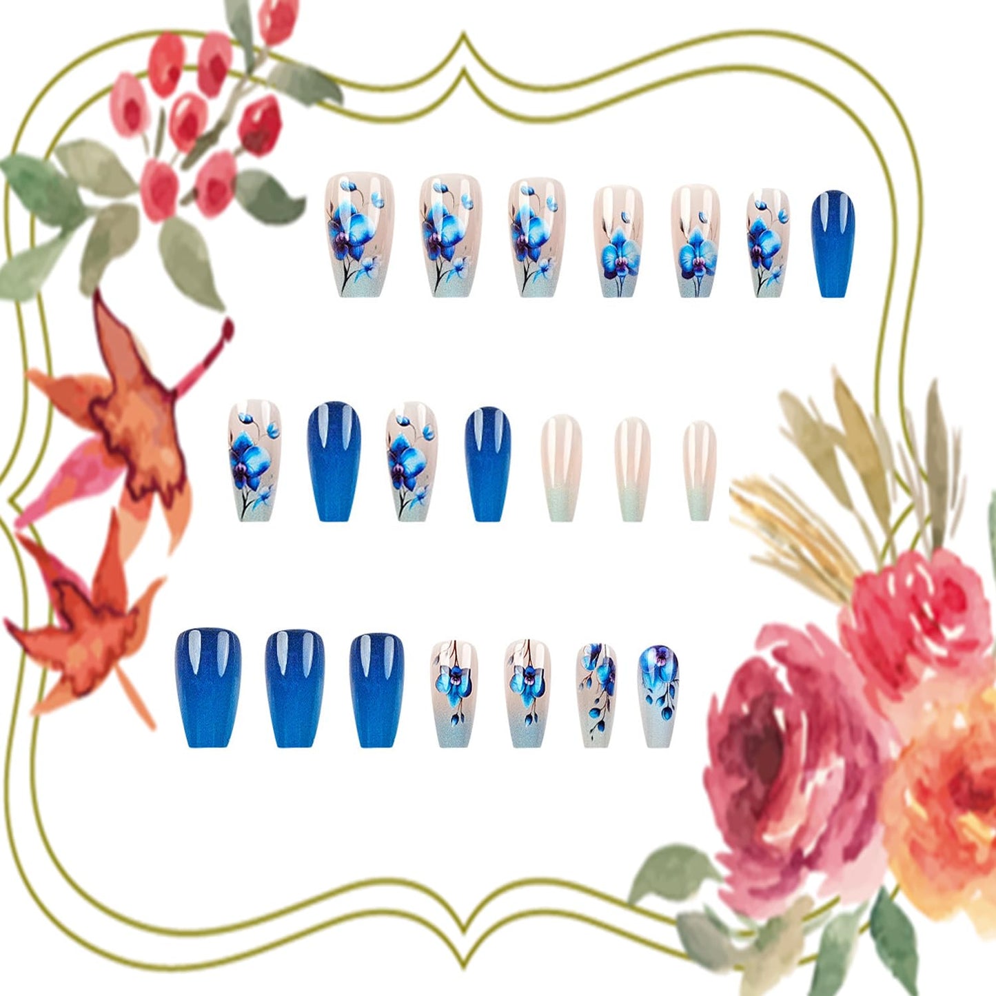 LOPMNGHT 24Pcs Blue Flower Press on Nails Medium Ballet Shaped Blue Gradient Acrylic False Nail Artificial Floral Stick on Nail Press Ons with Blossom Design Glossy Reusable Glue on Nails for Women