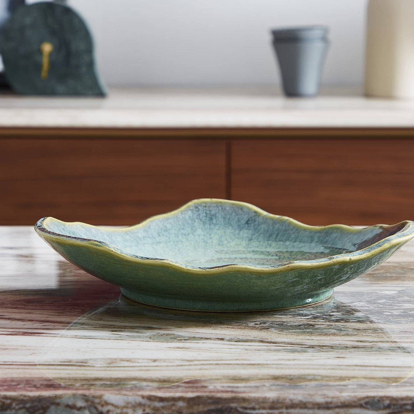 VOMANA Large Ceramic Decorative Bowl, 12" Green Reactive Glaze Centerpiece Bowl, Modern Coffee Table Decor, Entryway Catchall Key Bowl, Decorative Fruit Bowl for Dining Table Living Room (12'')