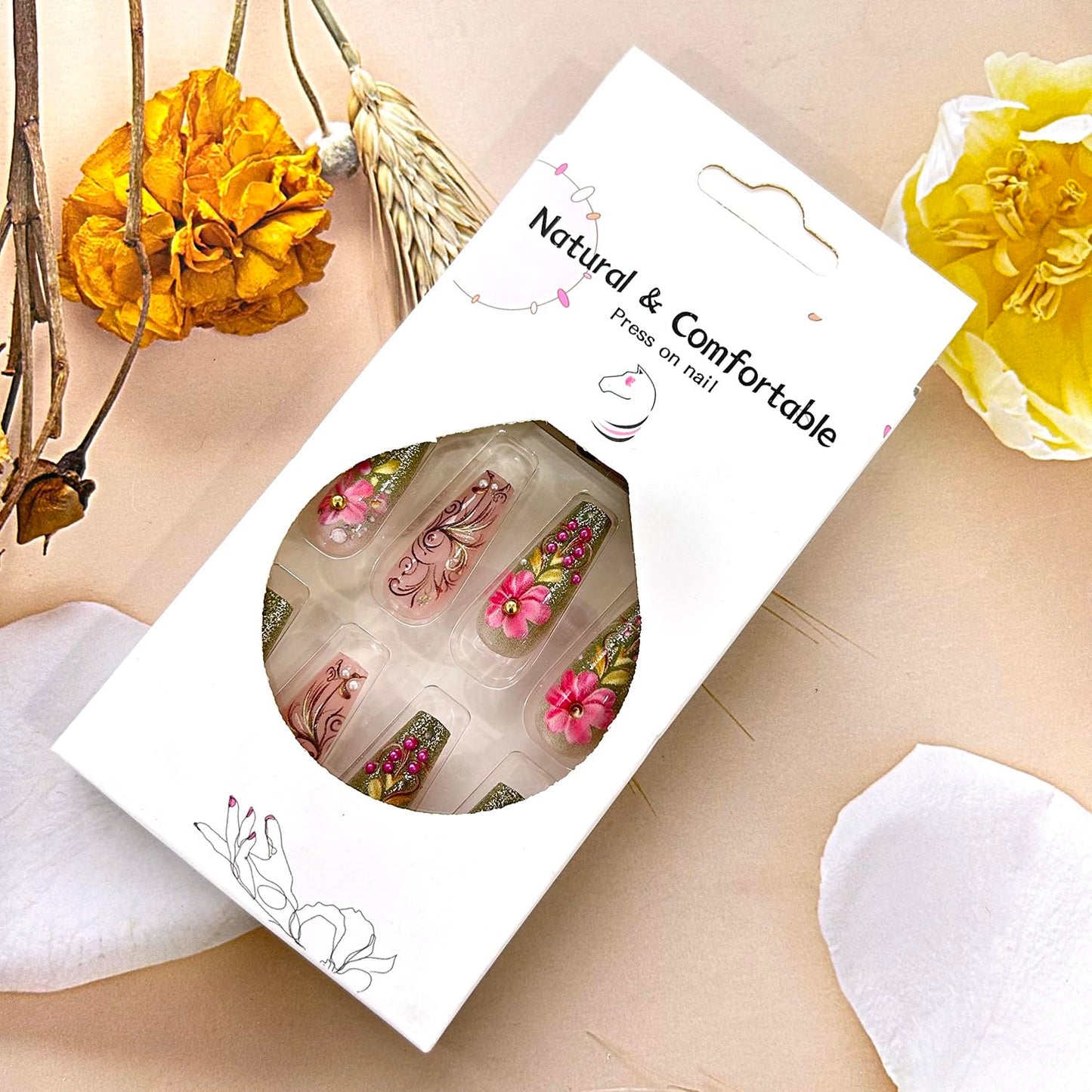 TBRZTR Flower Press on Nails Long Length Full Cover Glossy Green Stick on Nail Floral Pearl Design Ballet Shaped Gradient False Nails Reusable Artifical Acrylic Press Ons Glue on Nail for Women 24Pcs