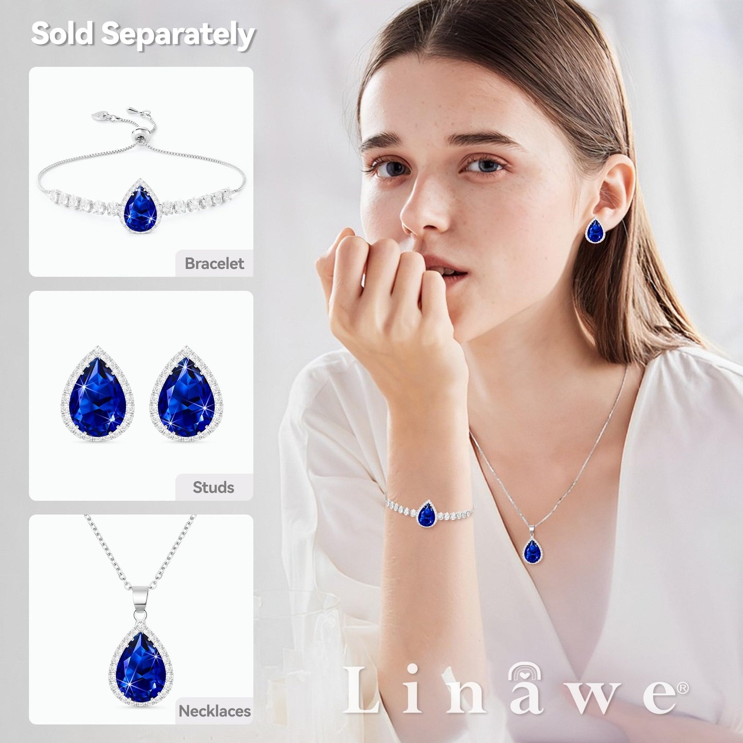 Linawe Sapphire Imitation Diamond Royal Blue Teardrop Stud Earrings for Women, Silver White Gold Cubic Zirconia Navy Blue Statement Rhinestone Crystal Earrings Studs Set