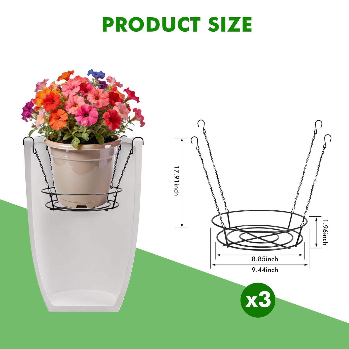 holoith 3 Pack Adjustable Planter Inserts for Pots, 12-24" Plant Risers for Inside Pots, Chain Pot Fillers for Round Planters to Reduce Soil, Black Stainless Steel Planter Insert with 4Hooks