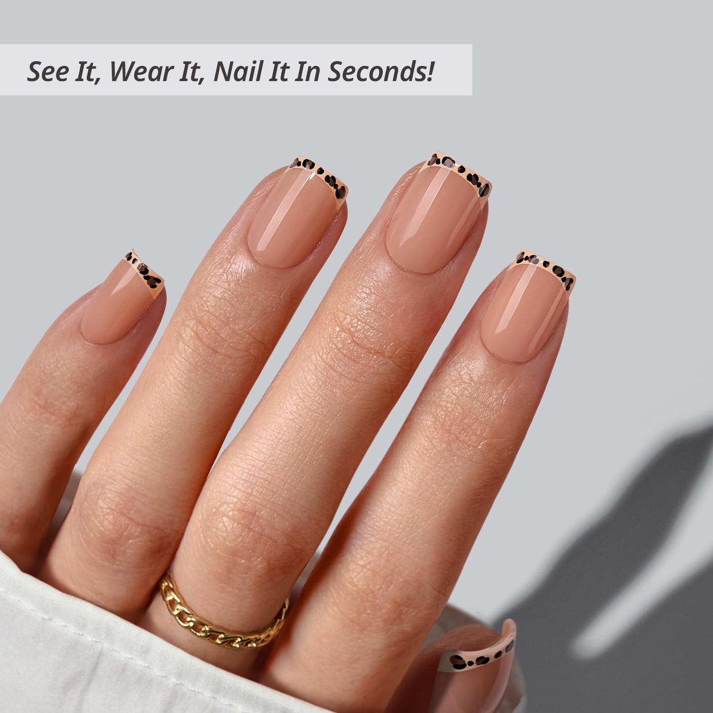 BTArtbox Press On Nails Short - Dangerous Game, Square Leopard French Tip Press On Nails with Glue and Adhesive Tabs for Women, Soft Gel Glue On Nails in 16 Sizes - 32 Stick On Nails Kit