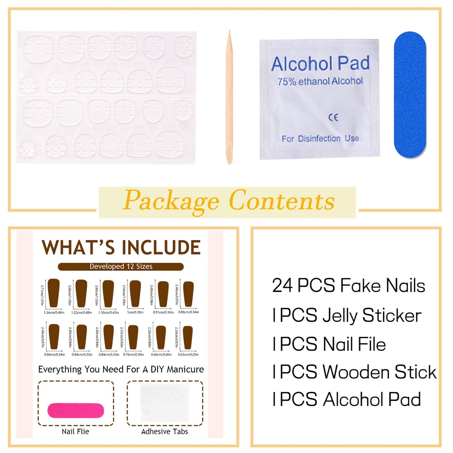 Medium Press On Brown Glossy Glue On Nails - 24Pcs Winter Fall Acrylic False Nails with Floral Designs