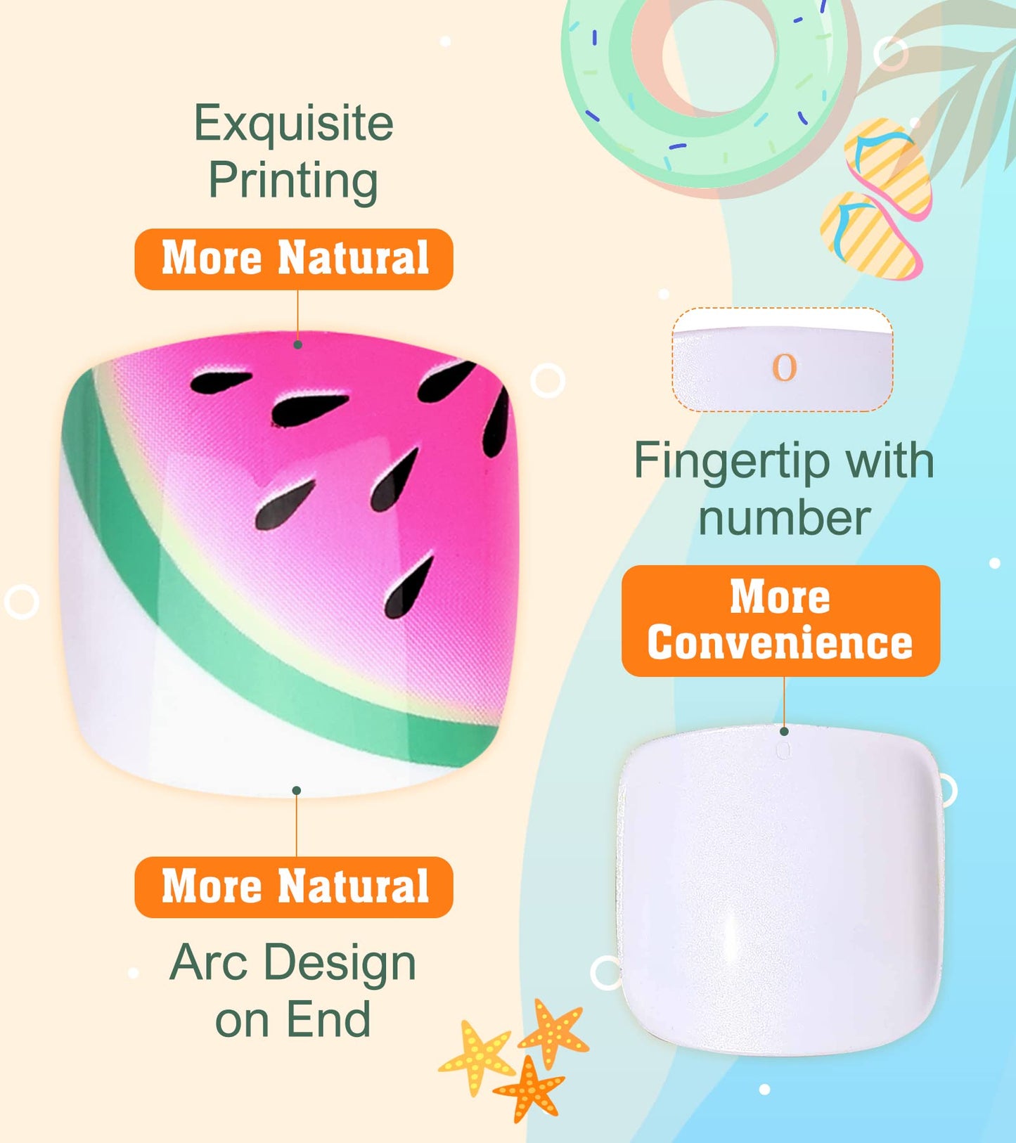 Aegenacess 28pcs Toenail Press on Summer Fake Toe Nails Press ons False Nail Tips Beach Short Pedicure Kit for Women (Summer Watermelon)