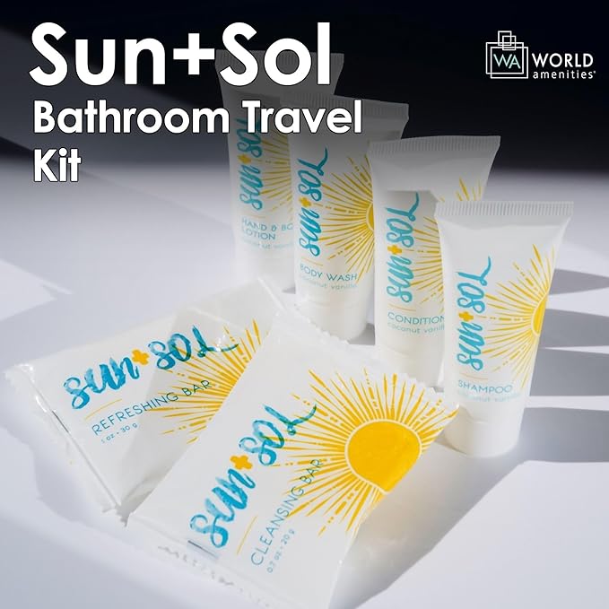 World Amenities - Sun + Sol Mini Size Hotel Toiletries Bathroom Kit | Warm Coconut & Vanilla | Shampoo, Conditioner, Body Wash, Lotion, Cleansing Bar, Refreshing Soap Bar and Moisturizing Massage Bar