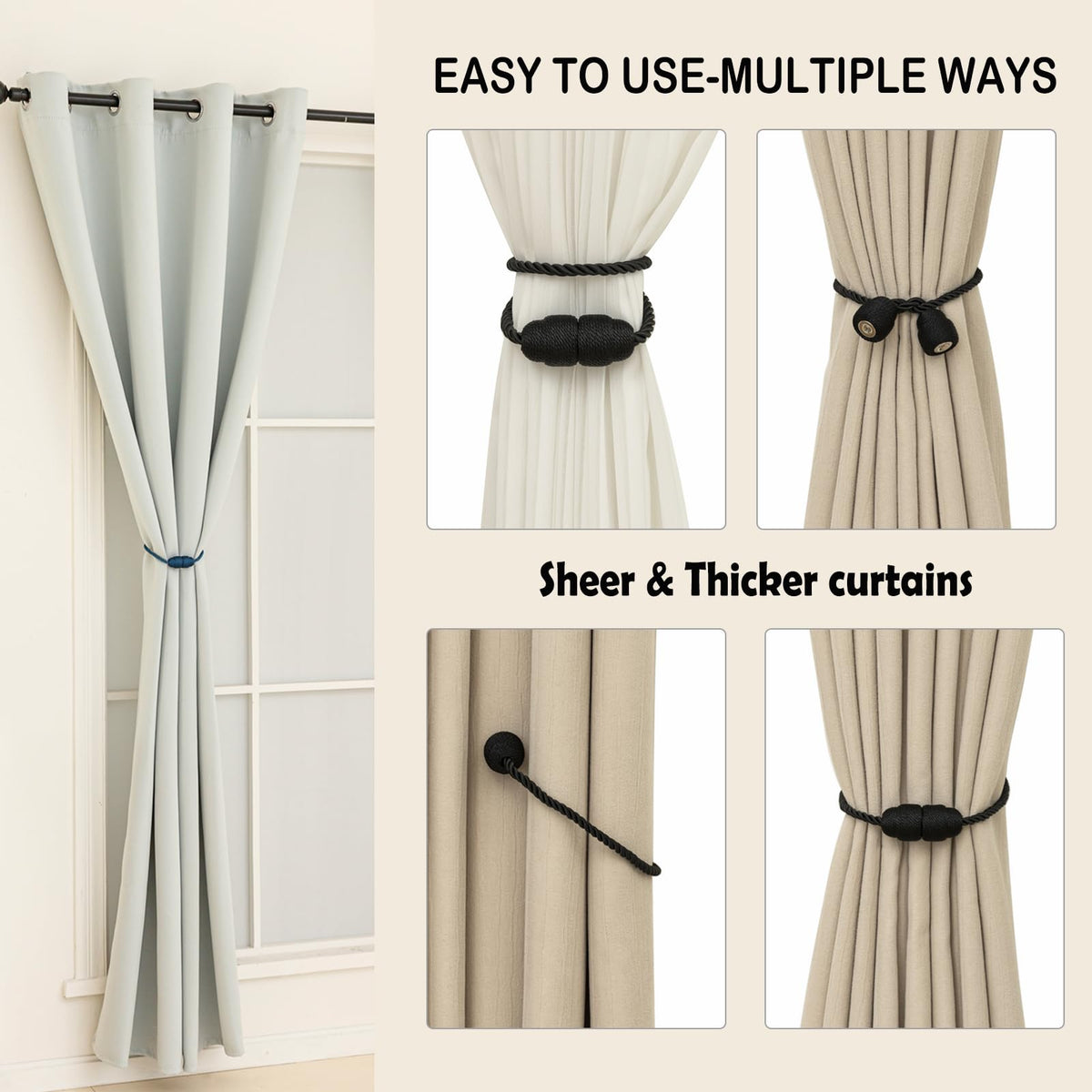 Magnetic Curtain Tiebacks Rope Curtain Tie Backs for Curtains 4 Pack Curtain Holders for Drapes Decorative Window Curtain Holdbacks