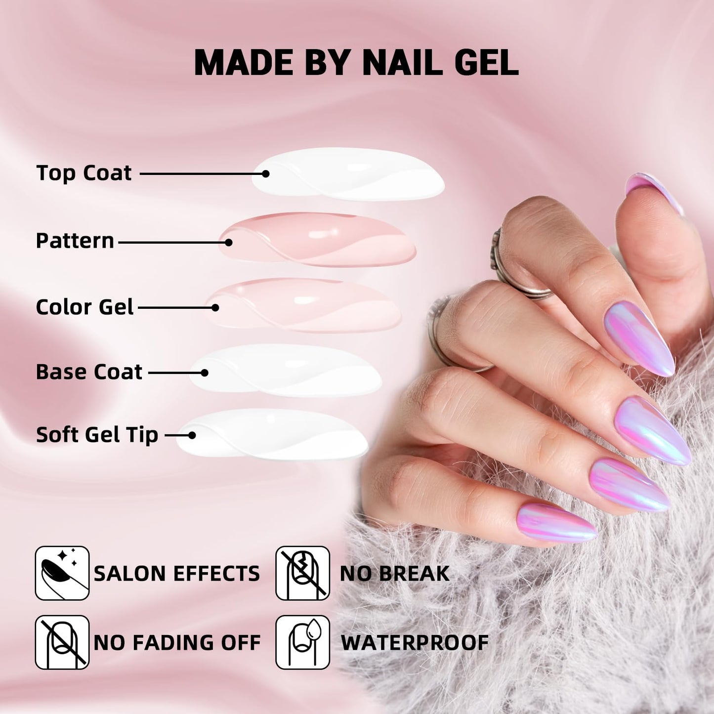Wooyas Press on Nails Almond, Purple Metallic Mirror Finish Handmade Nails Reflective Mirror, Medium Aurora Nails Full Cover by Professional Manicurist, 24 Pcs Soft Gel Glue On Nails Kit