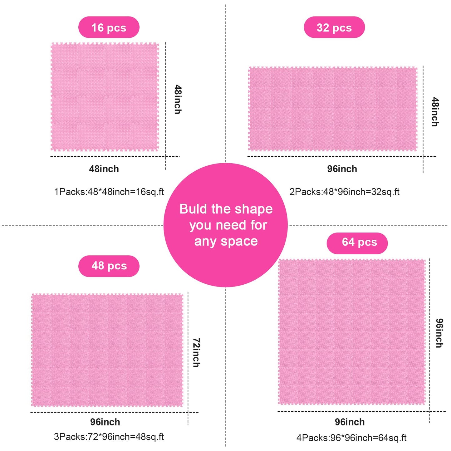 Shihanee Foam Floor Tiles Foam Floor Mats Play Mats Bulk with Borders Interlocking for Bedroom Gym Nursery(11.8 x 11.8 Inch,Light Pink)