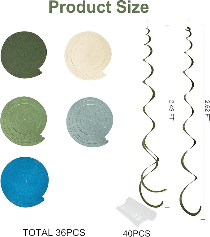 36 Pcs Sage Green Dusty Blue Hanging Swirl Decorations Blue Sage Green Felt Swirl Streamer Spiral Ceiling Garland for Baby Shower Birthday Retirement Wedding Safari Silly Goose Theme Party Supplies