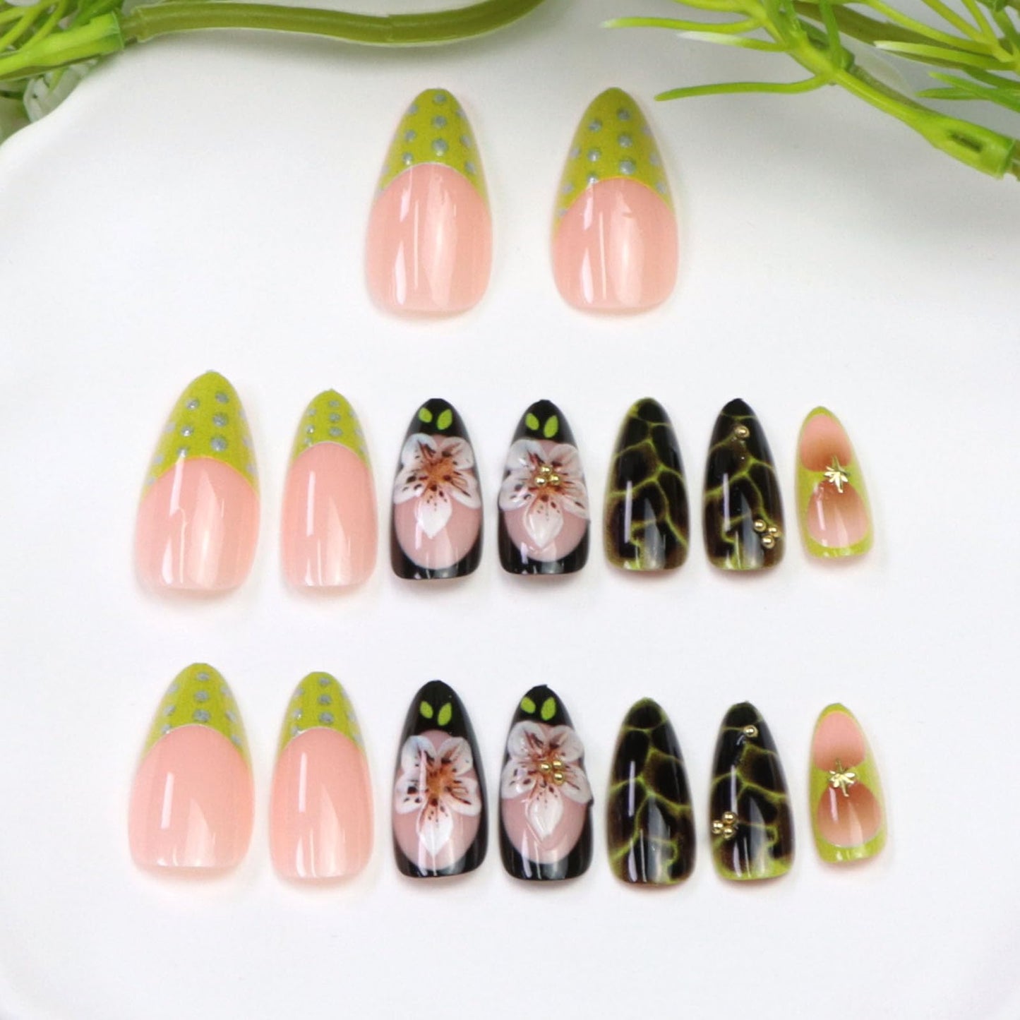 Almond Press on Nails Medium Fake Nails with Flowers Pearls Stars Dots Irregular Patterns Designs Green French Tip Glue on Nails Press ons Light Pink False Nails for Girls 24Pcs