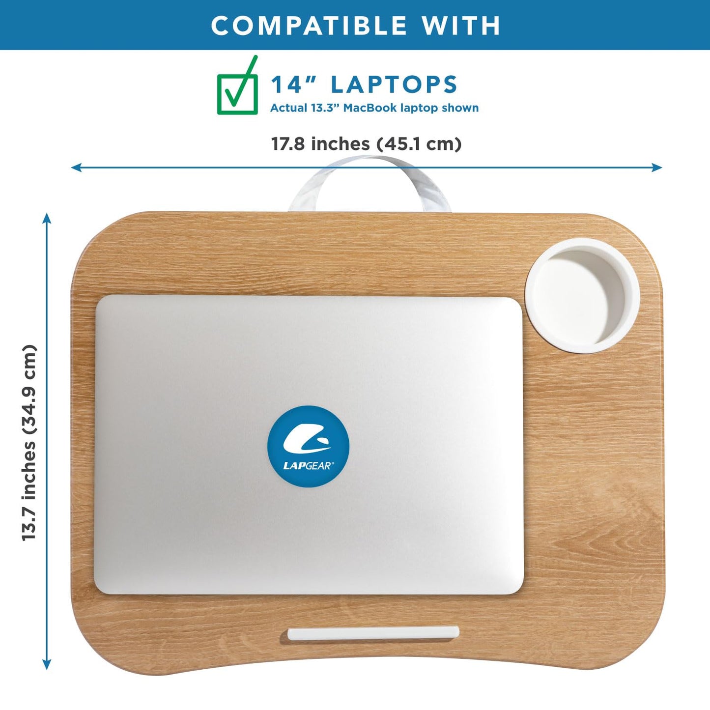 LAPGEAR Cup Holder Lap Desk with Device Ledge - White Oak Woodgrain - Fits up to 14 Inch Laptops - Style No. 46329