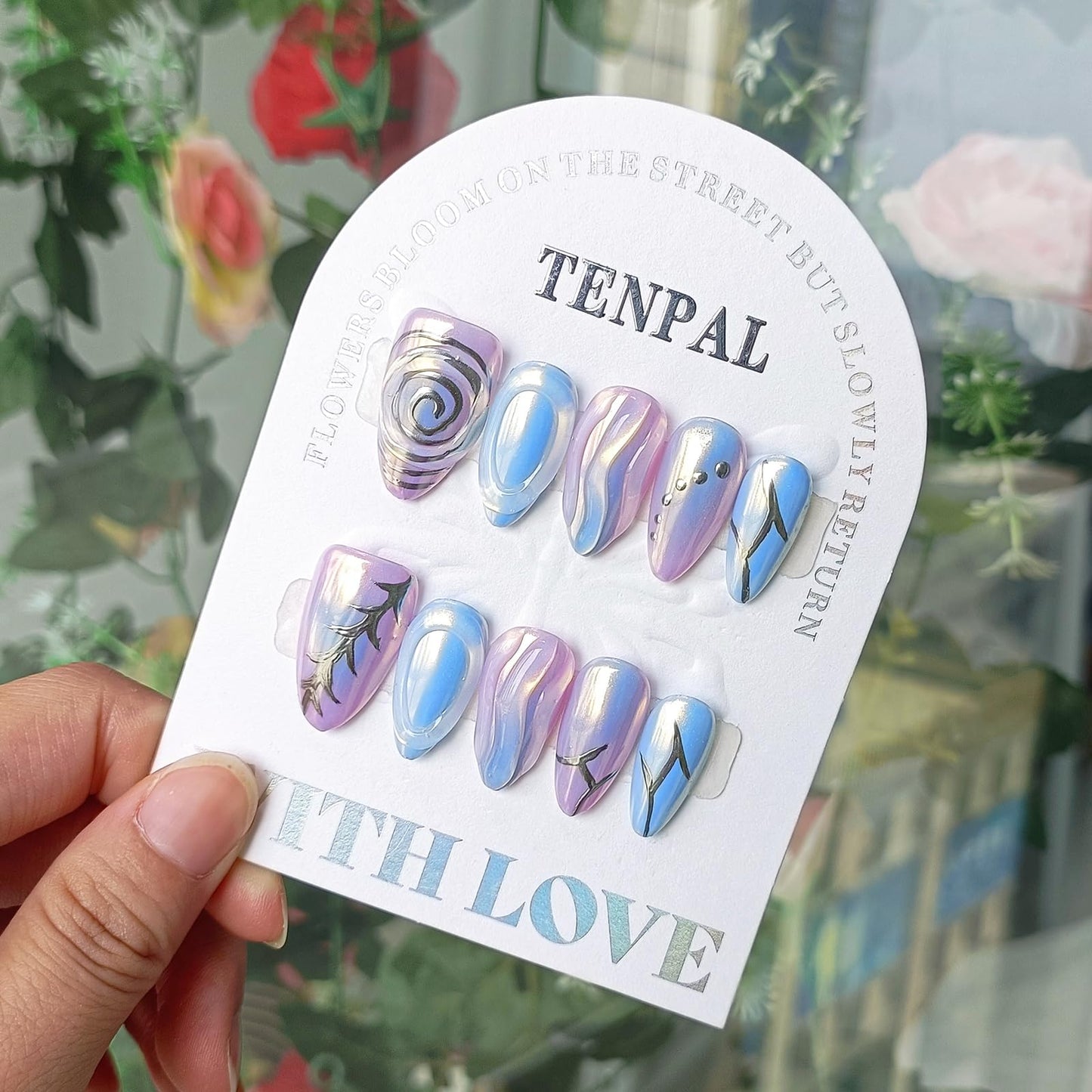 TENPAL Aurora Blue Purple Metallic Nails,Handmade Press on Nails Almond,Full Cover Soft Gel Fake Nails With Tools, Glossy Glitter Glue on Nails With Curves Swirls 10pcs/Box Stick on Nails,XS Size