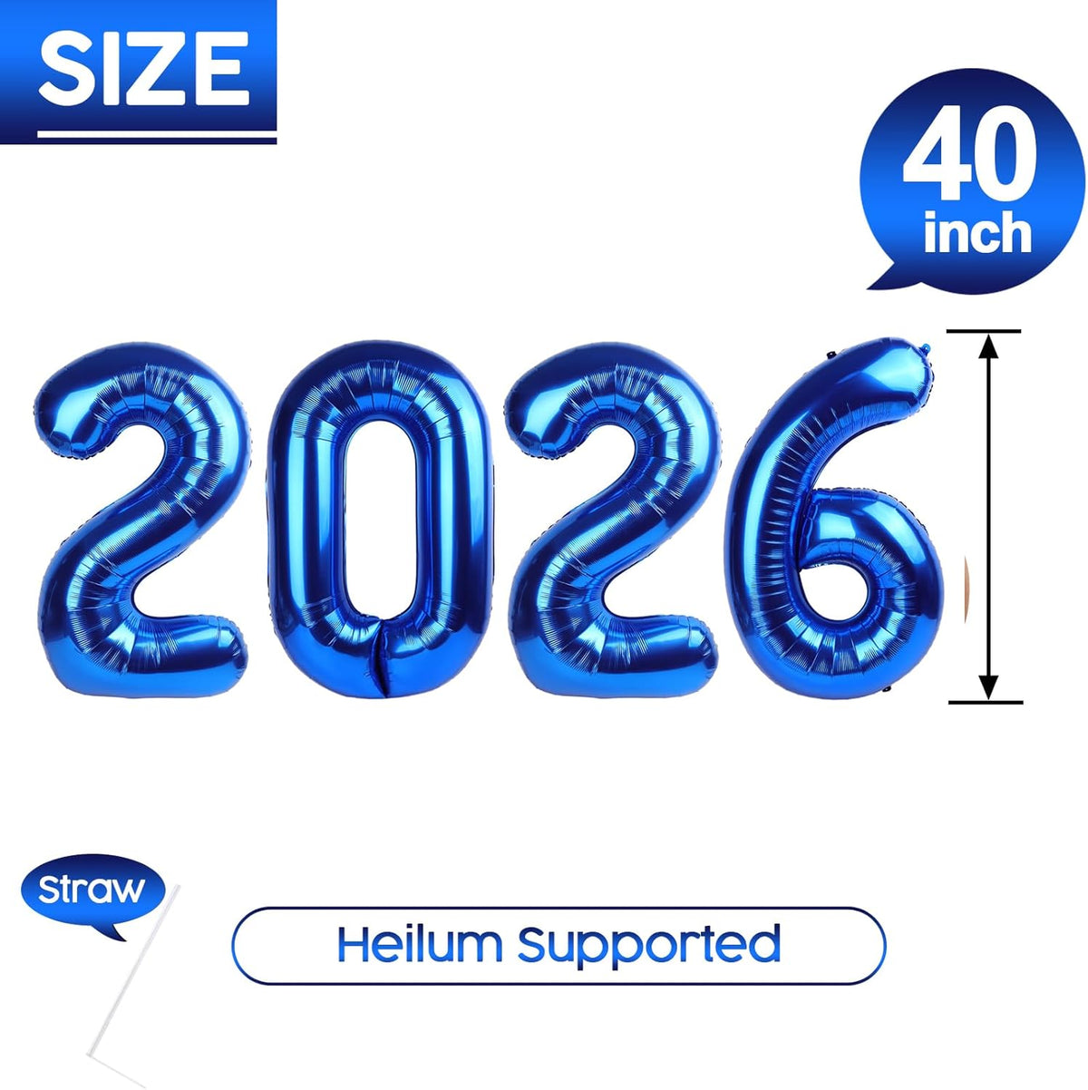 2026 Balloon - 2 Pack Metallic Blue Birthday Number Balloons, 40 Inch Large Foil Balloons for Men Women Boys Girls Navy Blue Themed Birthday Decorations，Number 2026 Balloon