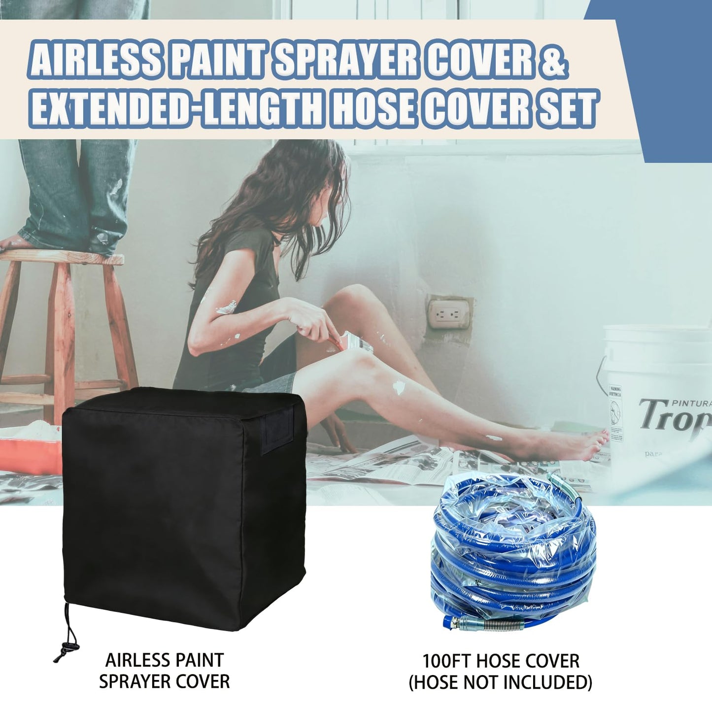 Airless Paint Sprayer Cover and 100ft Hose Cover Set, Heavy-Duty 600D Oxford Fabric Dust Cover with Hook and Loop & Drawstring, Airless Paint Sprayer Accessories (16x16x17.5in)