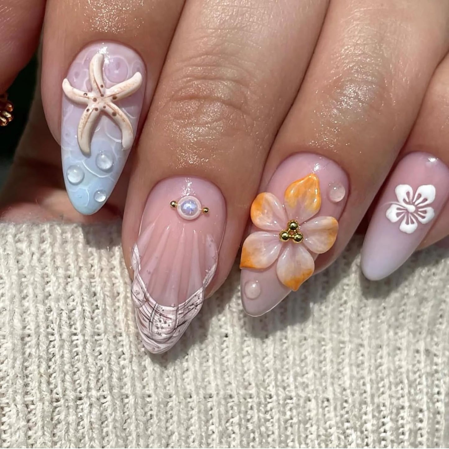 Summer Press On Nails Flower Fake Nails Press Ons Drip False Nails With 3D Starfish Pearl Design French Glue On Nails Glossy Reusable Acrylic Stick On Nails For Women Nail Decorations