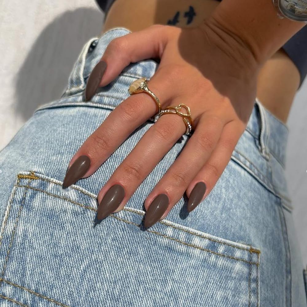 KQueenest Dark Brown Fall Press on Nails Medium Stiletto Almond, Pure Color Acrylic Nails Press ons, Reusable Acrylic Fake Nails Set Feature Protective UV Coating for Women Nail Art Manicure in 24PCS