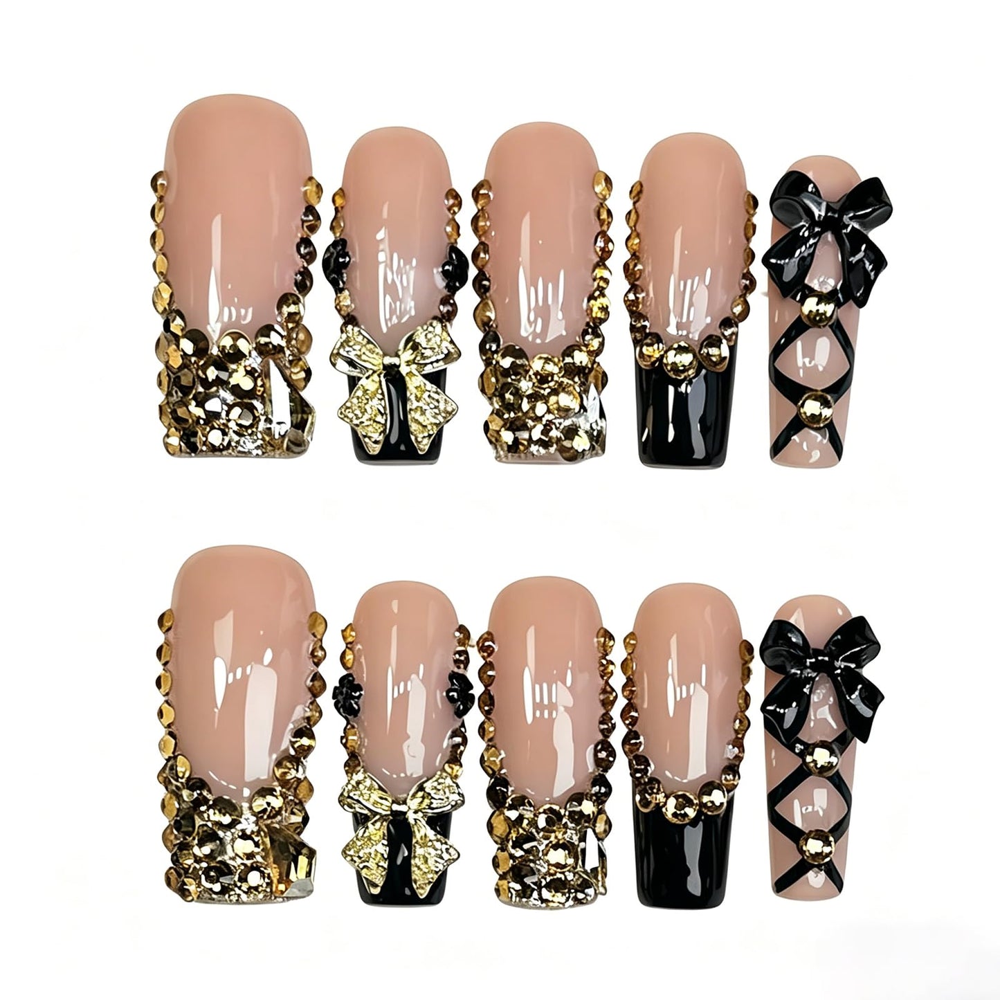 Handmade Press on Nails Long Square - Gothic Coquette Black Bows & Gold Rhinestone Fake Nails, Luxury Balletcore Lace-up False Nails, 10 Pcs for Women (Size M)