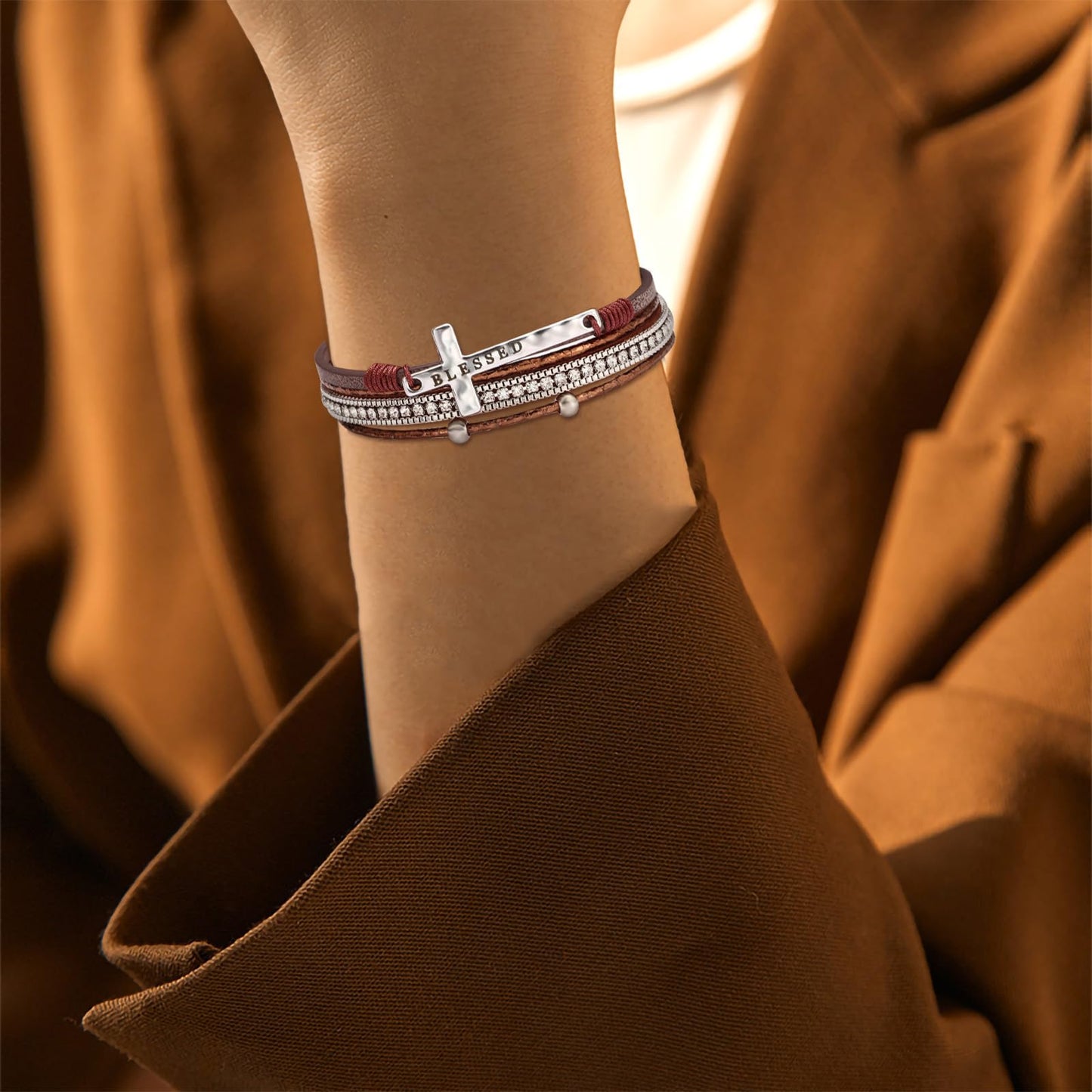 Leopard Bracelet for Women, Boho Leather Wrap Multi-Layer Pearl Crystal Bracelet Bangle Jewelry (Blessed Cross(Brown))