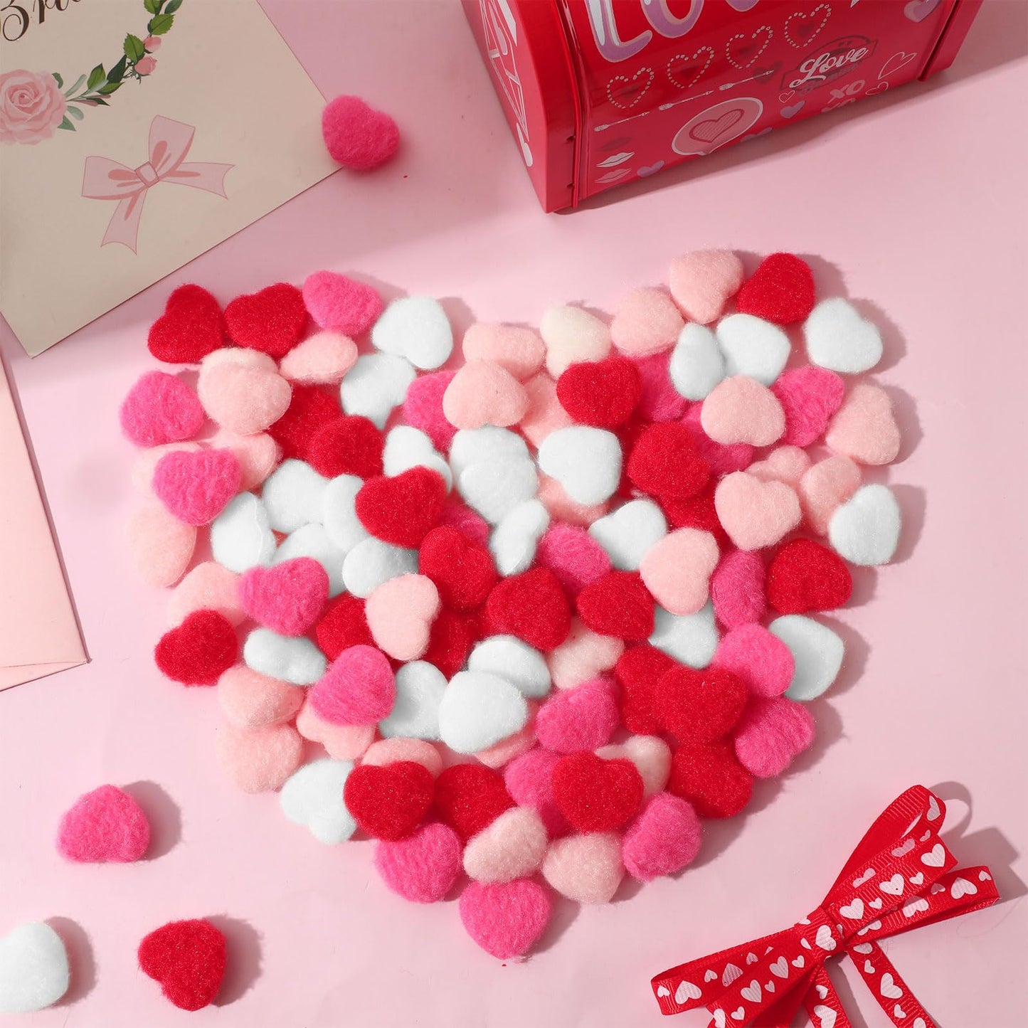 SEPGLITTER 300 Pcs Valentine's Day Heart Pom Poms, Pink Red Pompoms Mini Heart Shape Fluffy Balls for Valentine DIY Garland Crafts Wedding Party Decorations