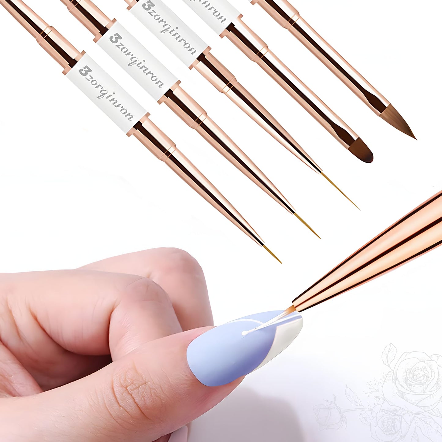 Nail Art Brushes Set, Professional 5Pcs Double-Ended Nail Brush Kit for Details, Long Lines, Ombre & 3D Design-Perfect for DIY Manicures & Salons (White)