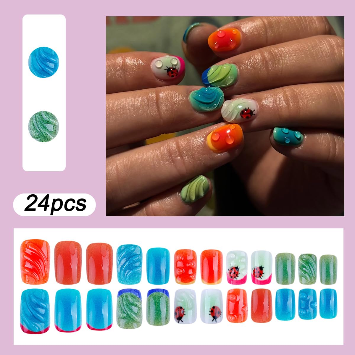 plalely Press on Nails Short Square Colorful Acrylic Fake Nail with 3D Water Drop and Ladybug Designs Short Press on Nails for Women 24pcs