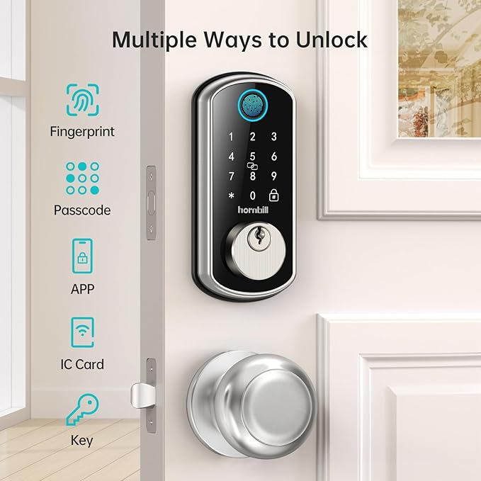 WiFi Keyless Entry Door Lock with Handle : Hornbill Silver Smart Front Door Lock,Front Door Handle Set,Smart Door Knob, Electronic Keypad Deadbolt Set with Alexa Auto Lock for Home