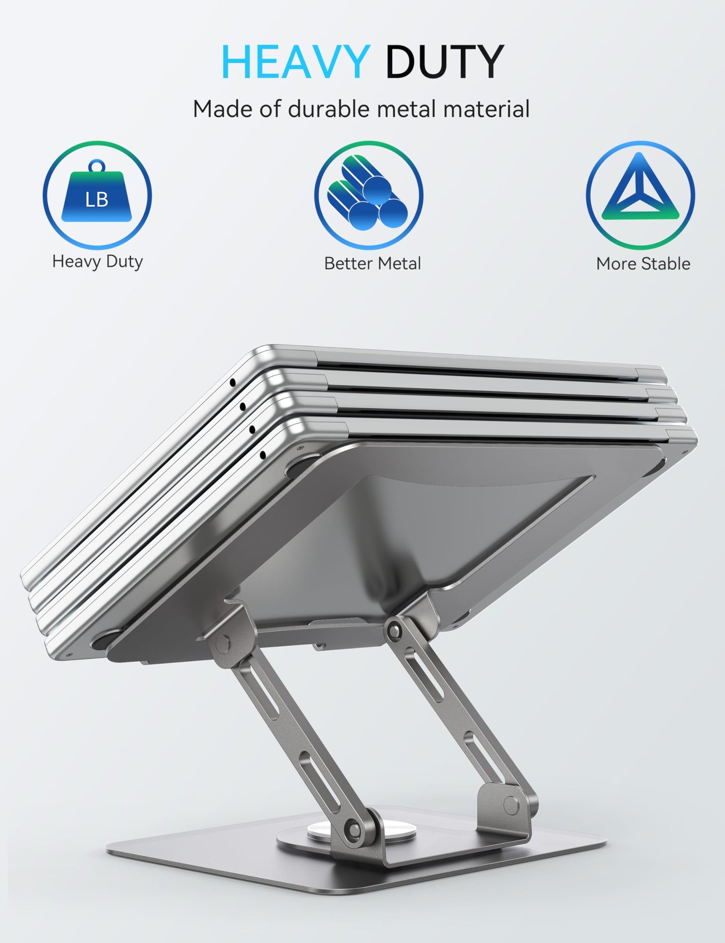 SOUNDANCE 360 Rotating Laptop Stand, Ergonomic Computer Riser for Desk, Adjustable Height Multi-Angle Metal Holder, Foldable Portable Notebook Elevating Base for Office & Home, Silver Grey