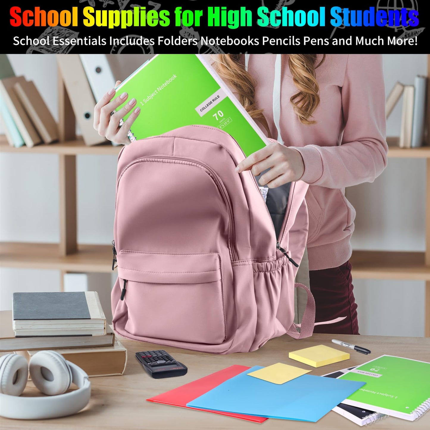 88 Pcs Back to School Supplies Kit with Backpack for High School College Students School Supply Box Essential Learning Tools Supply Box for Senior Students Teachers Includes Calculators (Pink)
