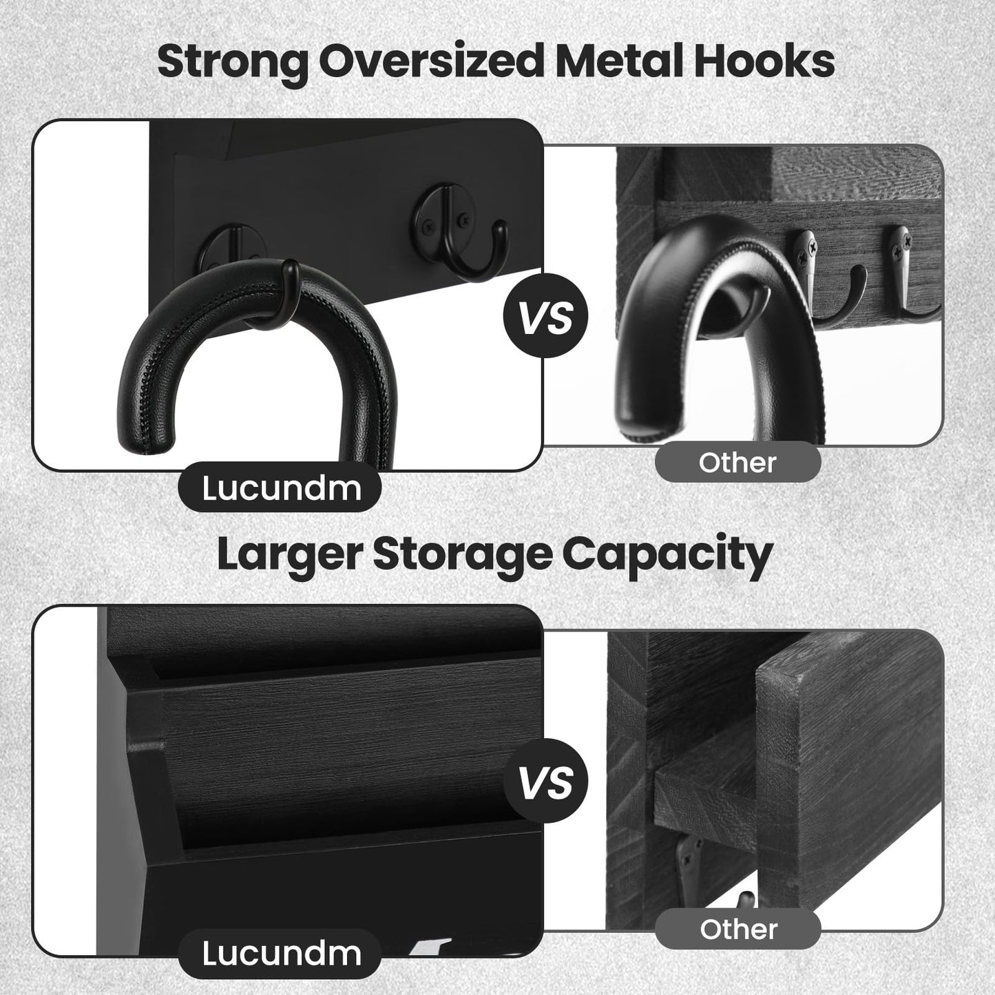 Lucundm Mail and Key Holder - Decorative 8.86" x 11.42" Wall Key Hanger with 2 Mail Organizer Slots and 3 Hooks - Real Paulownia Wood with Keyhole Brackets, Hardware and Instructions (Black)