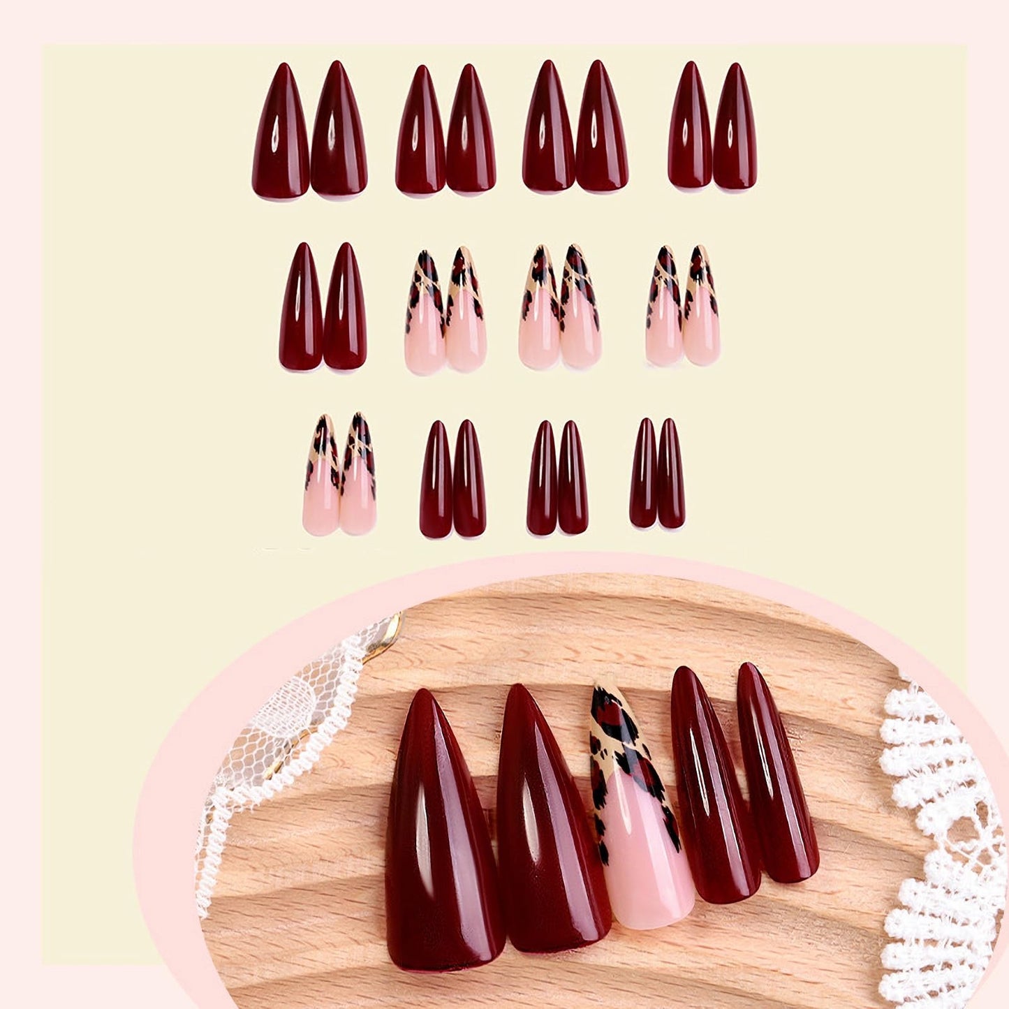 MISUD Press on Nails - Long Stiletto Fake Nails with Burgundy, Acrylic Cheetah Leopard Design 24 pcs