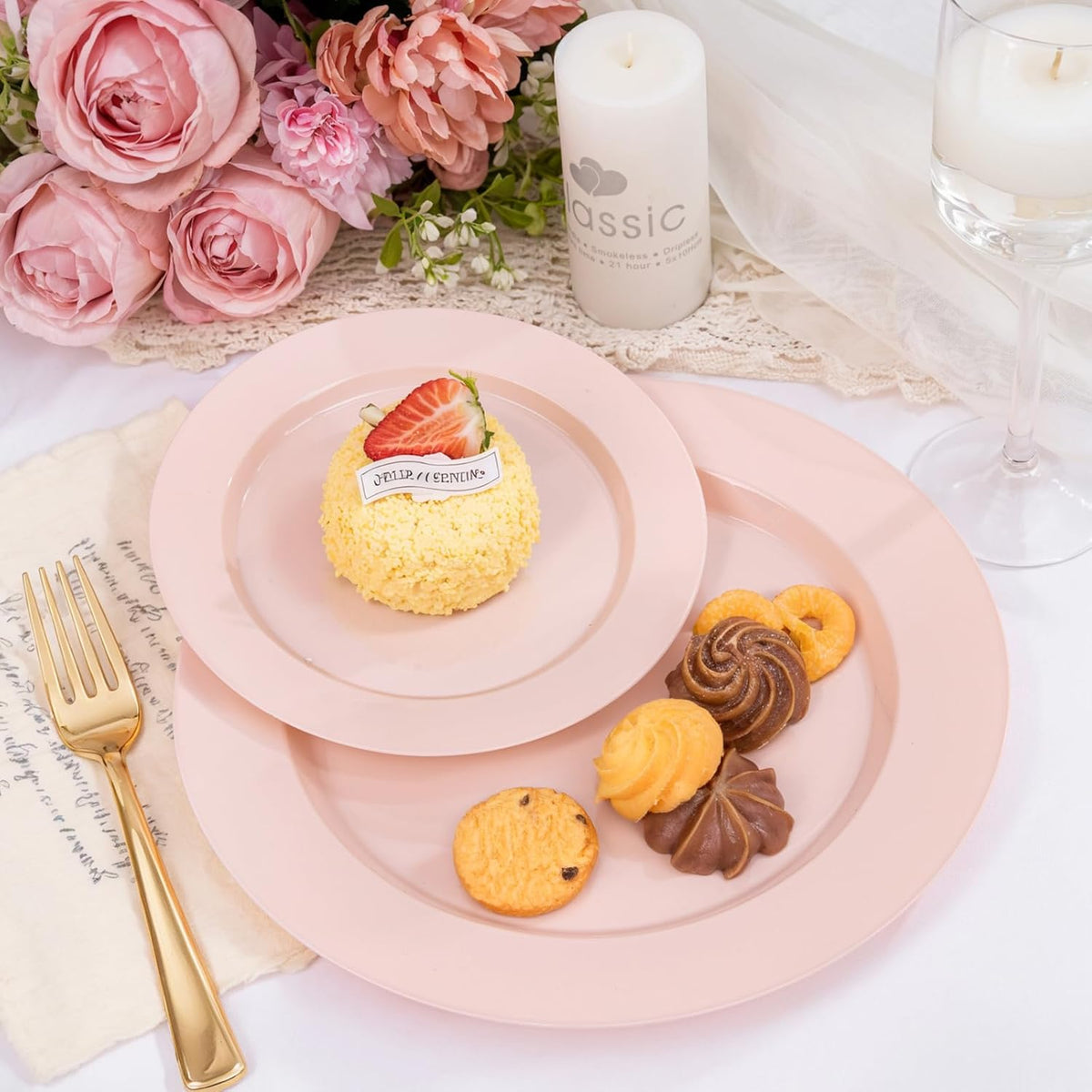 FLOWERCAT 200PCS Pink Plastic Plates Disposable Plates for Party - Heavy Duty Plastic Plates - 100 10" Pink Dinner Plates and 100 7" Pink Salad Plates for Weddings, Easter Parties,Mother's Day
