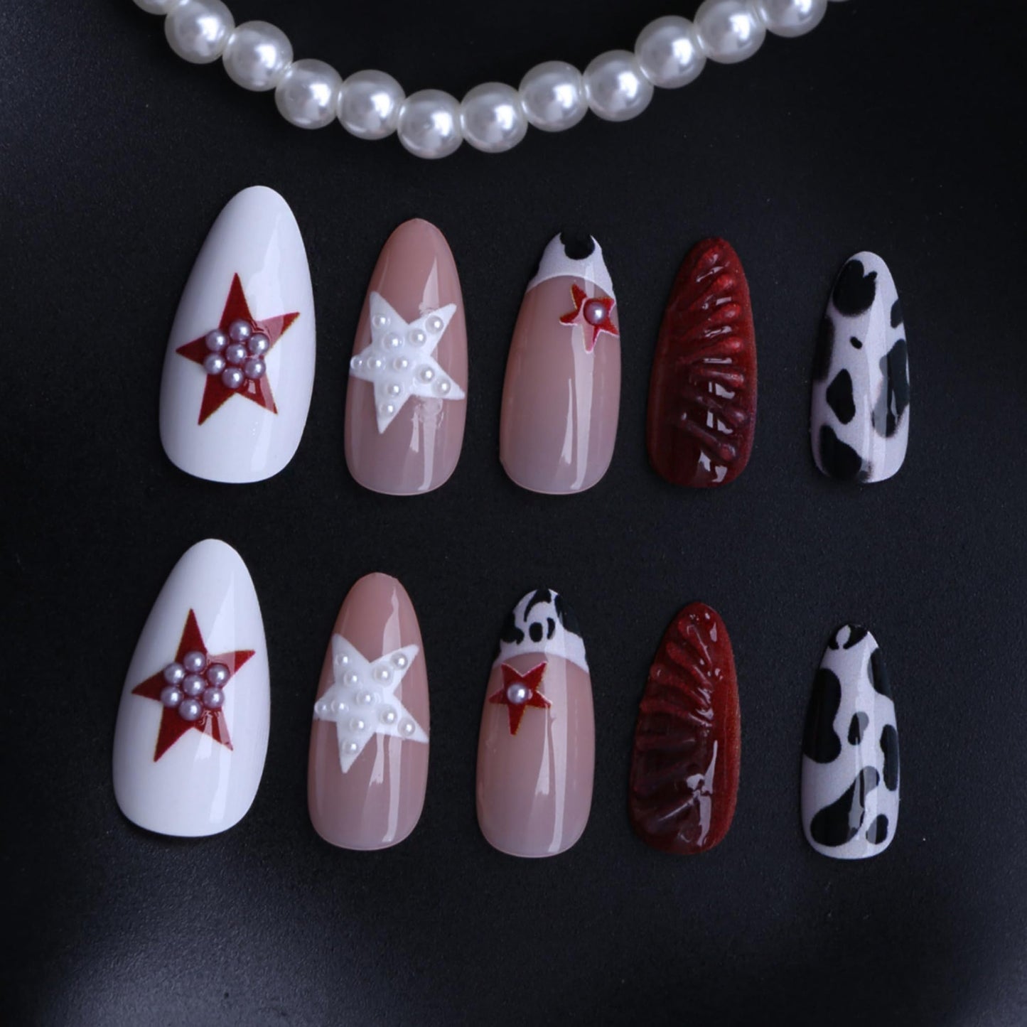 octoswave Press on Nails Medium Almond Fake Nails y2k French Artificial Nail with Stars and Spot Nails for Women 24pcs