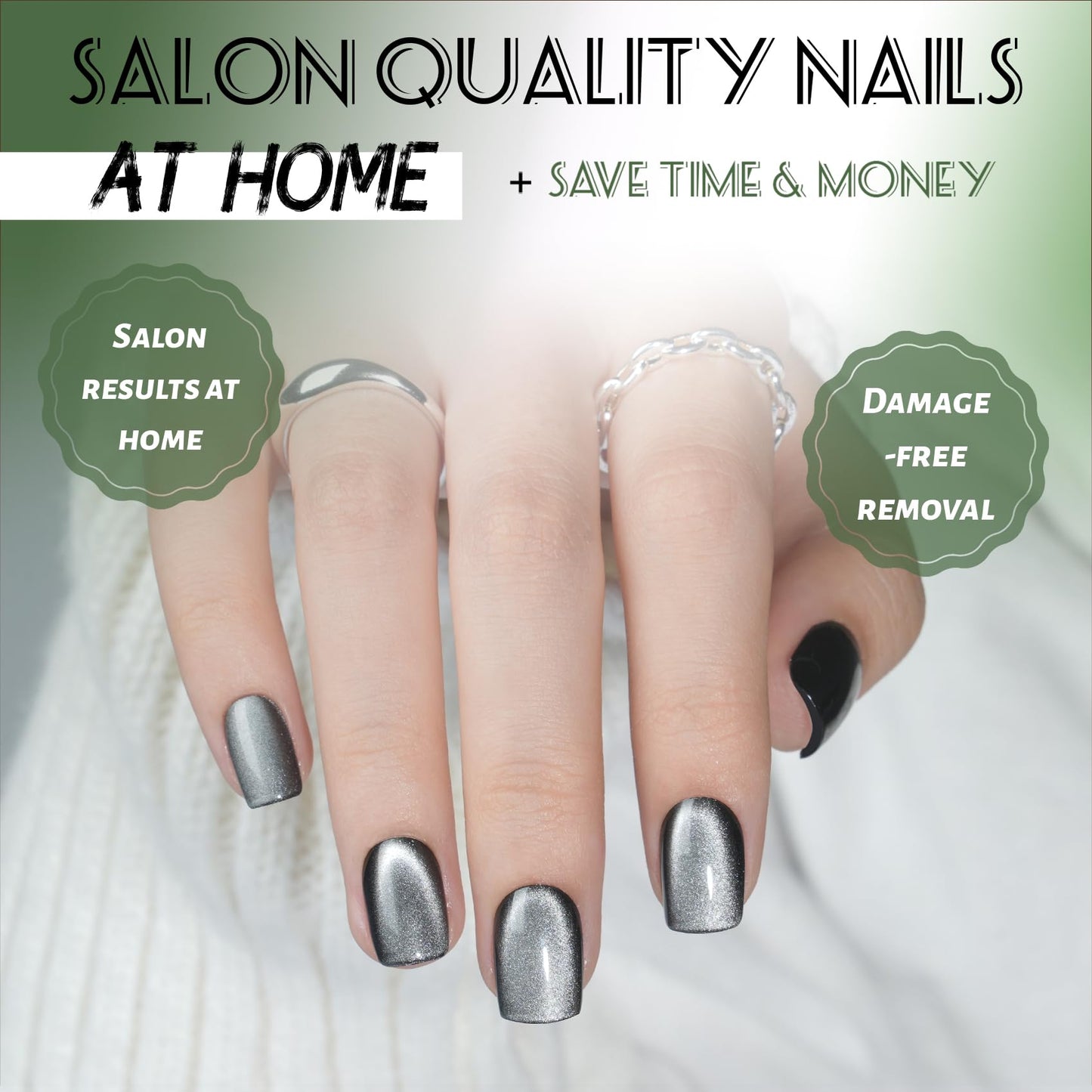 Cat Eye Black Press On Nails Square - Silver Short Square Fake Nails with Nail Glue, Black Goth Cateye Press On Nails Reusable Stick On Nails in 15 Sizes - 30 Nail Kit for Women | Salon Quality