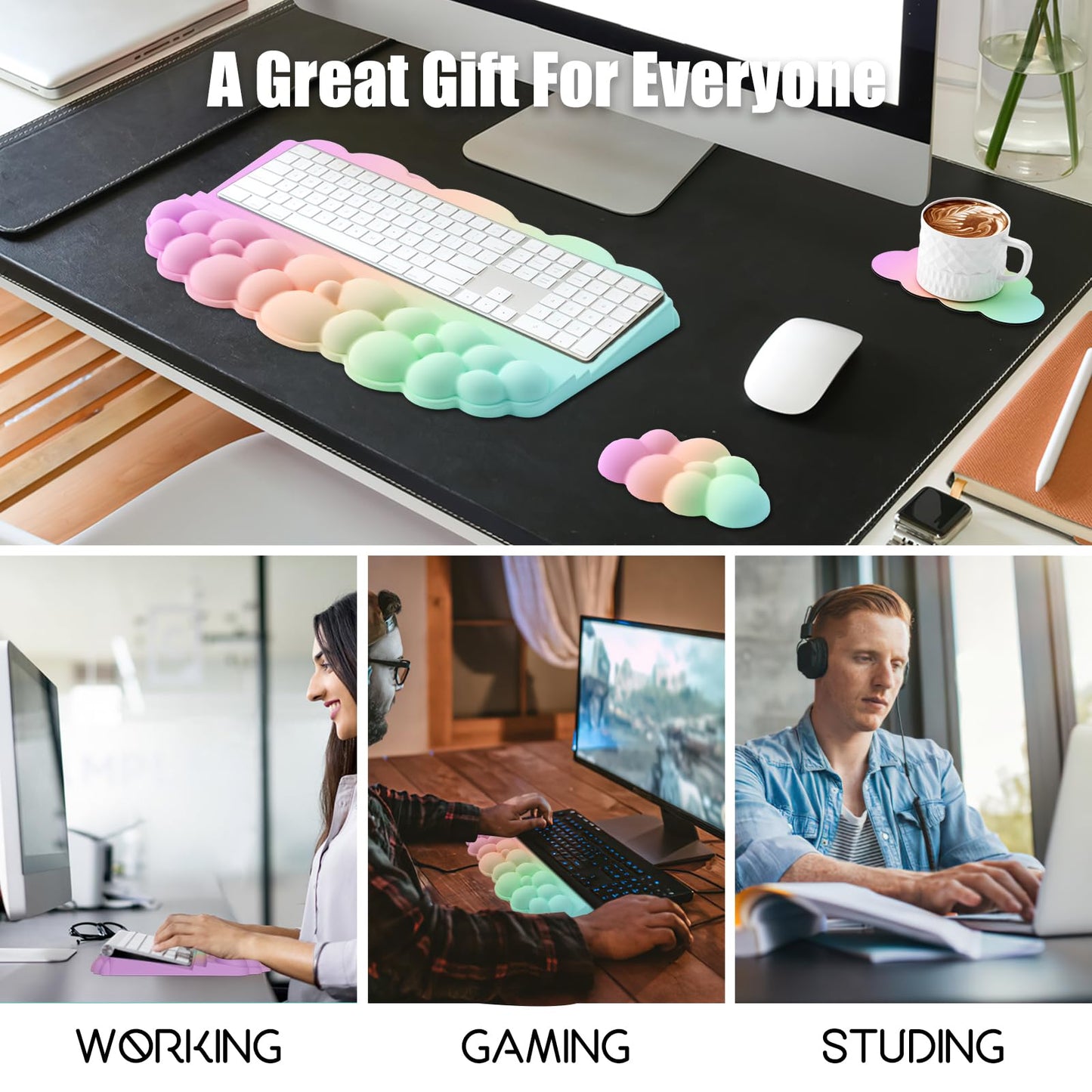 Ergonomic Wrist Rest for Keyboard, Soft Memory Foam Cloud Keyboard Stand Pad with Wrist Rest Set with Non-Slip Silicone Base, Easy Typing, Pain Relief, Comfort for Computer Laptop Mac - Rainbow