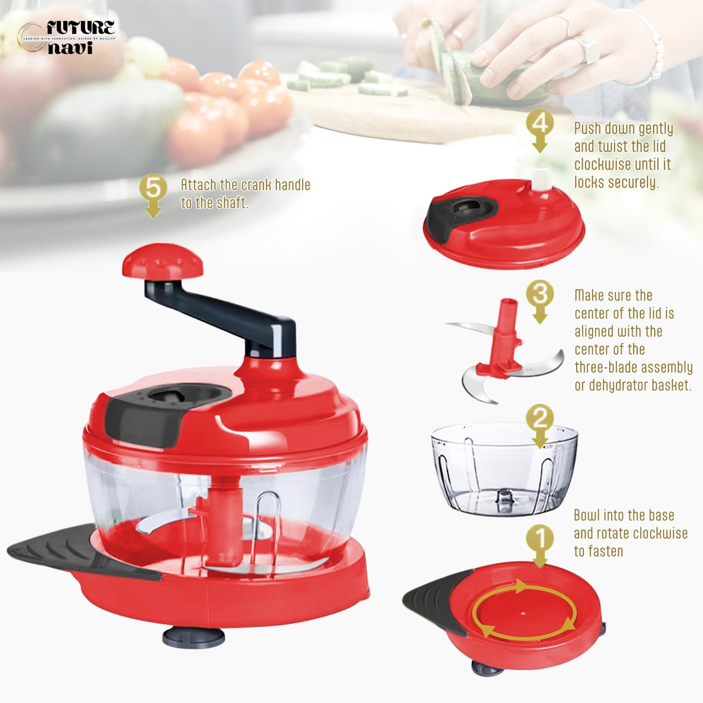 Multi-Functional Manual Food Chopper Processor, 8-Cup Capacity, Hand-Powered Kitchen Helper with 420 Stainless Steel Blades, for Chopping Vegetables, Nuts, Meat & Salsa