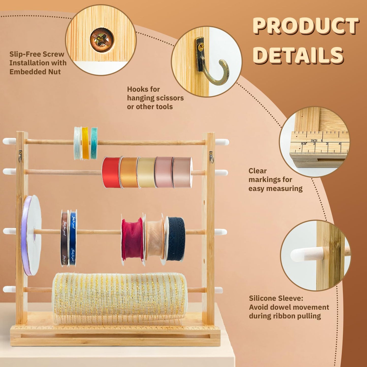 Wooden Ribbon Display Holder-Adjustable Spacing, Washi Tapes, and Sewing Threads | Craft Room Supply Storage Organization, Hair Ribbon & Gift Wrapping Supply Rack