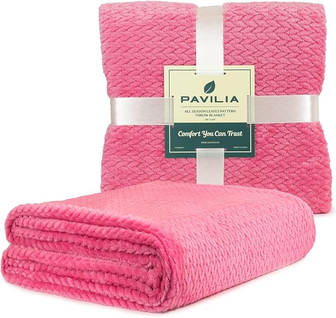 PAVILIA Soft Fleece Hot Pink Throw Blanket for Couch, Lightweight Plush Warm Blankets for Bed, Fuzzy Cozy Flannel Blanket Throw for Sofa, Travel, Jacquard Pattern, Hot Pink, 50x60 inch