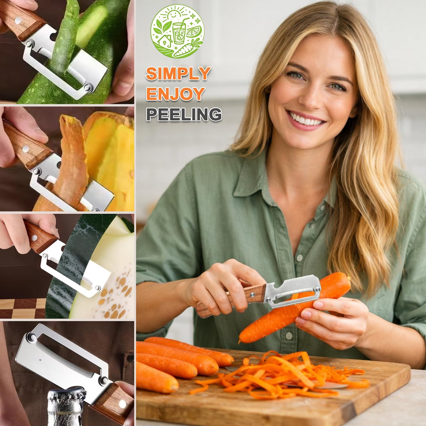 Multi Functional Vegetable Peeler with Wooden Handle and Bottle Opener, Stainless Steel Kitchen Peeler Tool for Potato Apple Pumpkin Papaya, Premium Single Blade Food Peelers (2pcs)