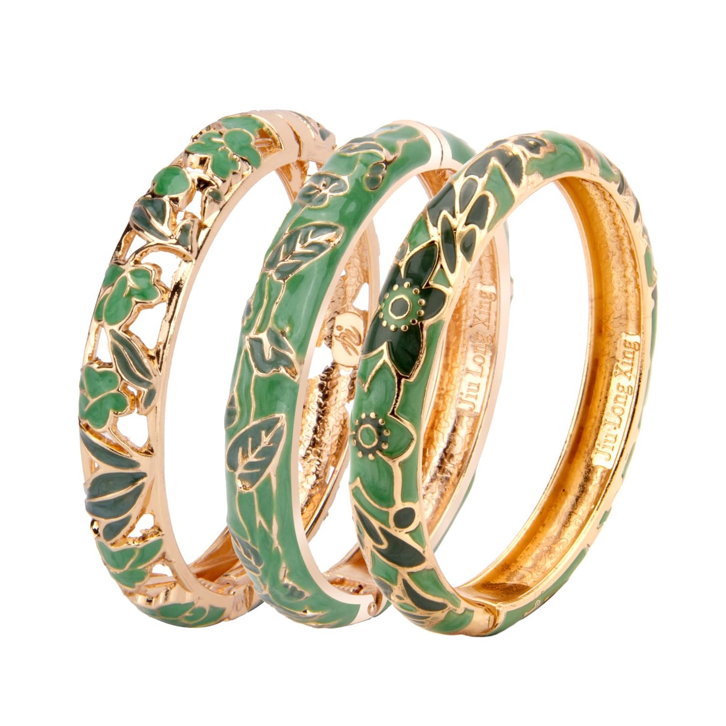 UJOY Women Cloisonne Bracelet Multi-Colors Gold Plated Rhinestone Flower Hollowed Enameled Hinged Cuff Bangles Jewelry Gift 55A88B 3pcs Green