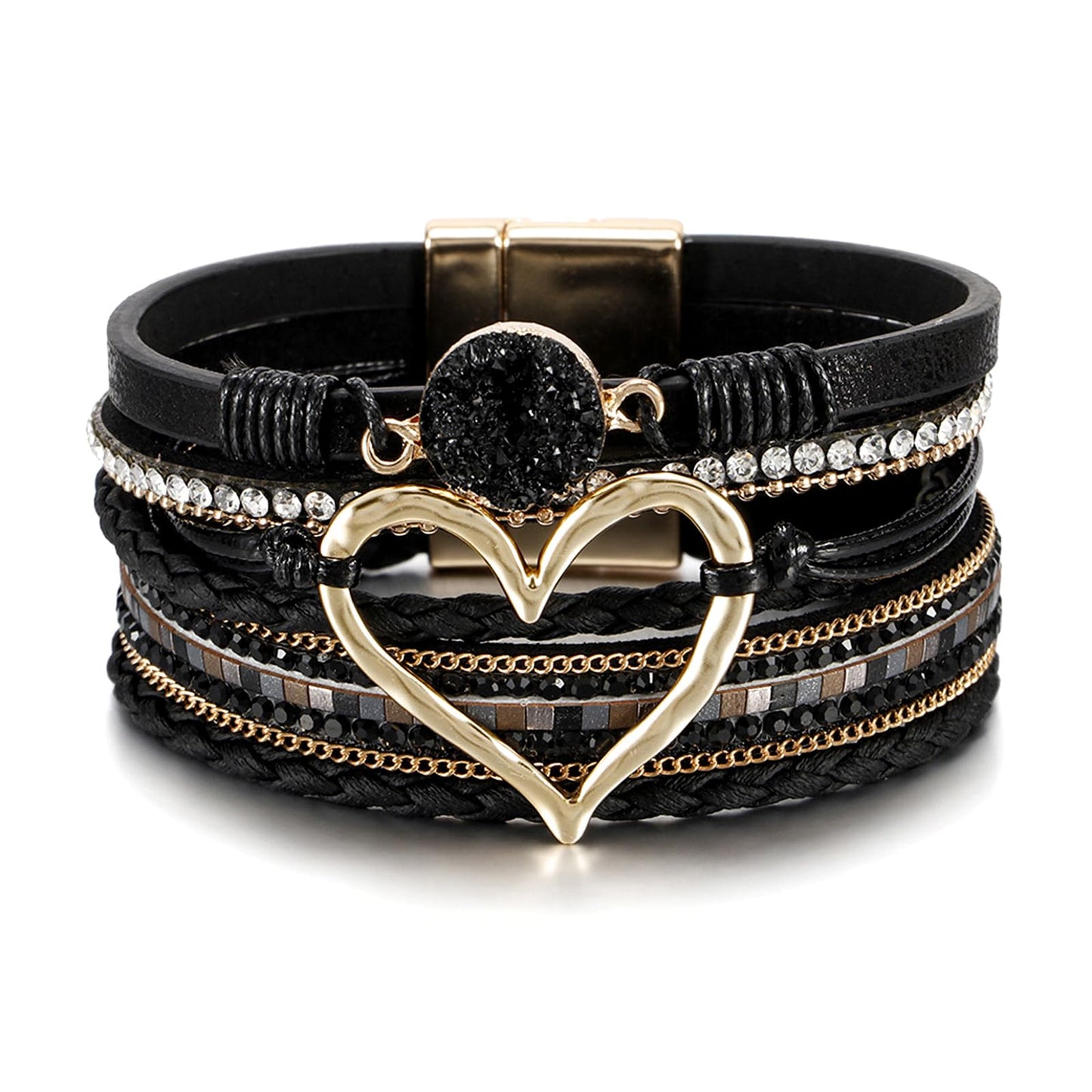 Leopard Bracelet for Women, Boho Leather Wrap Multi-Layer Pearl Crystal Bracelet Bangle Jewelry (Heart Leather(Black))