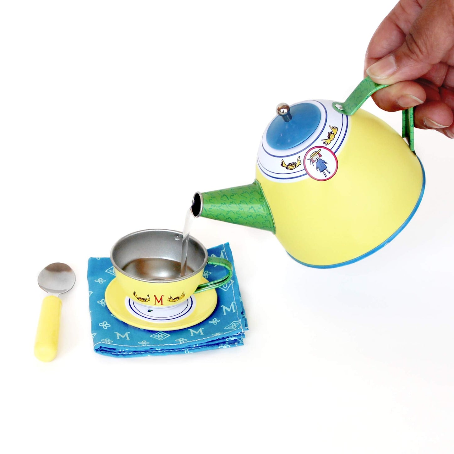 YOTTOY Madeline Collection | 23-Piece Kids Tin Tea Set Toy w/ Illustrations, Monograms, Carry Case
