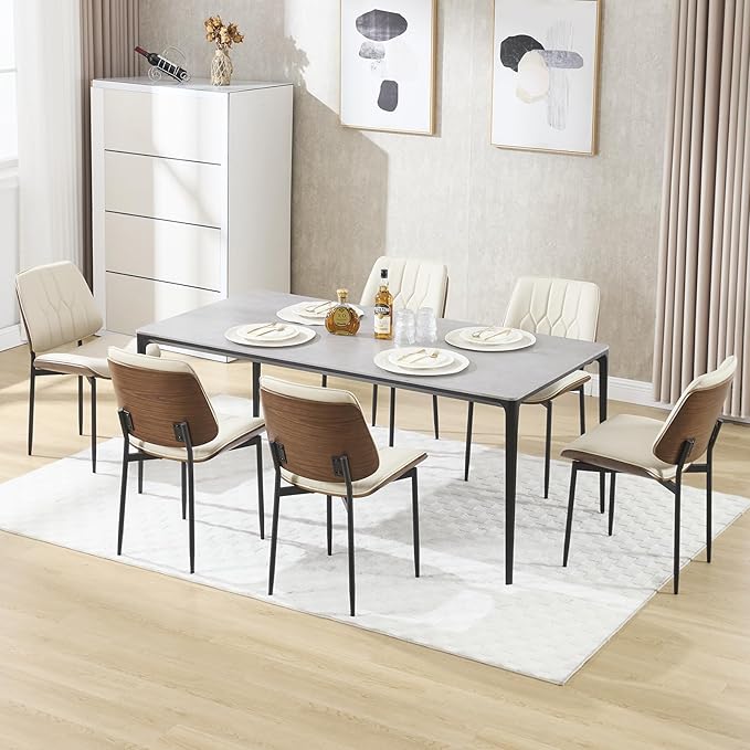 BV Mid Century Modern Dining Chairs Set of 6, Upholstered Pu Leather Armless Accent Chair with Walnut Bentwood Back, Retro Kitchen Chair for Dining Room, Living Room, Kitchen, Beige